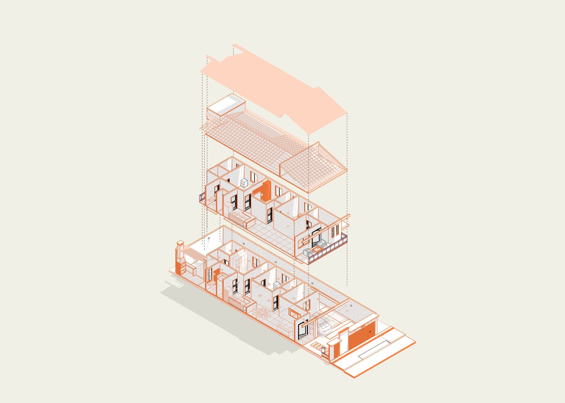 Modelo BIM arquitetônico explodido, exemplo real de projeto da MQ Projeta