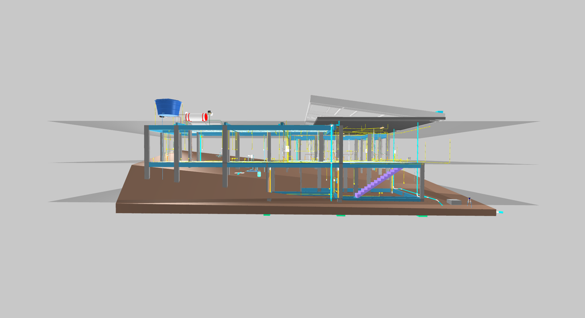 Corte de modelo BIM com arquitetônico, estrutural, elétrico e hidrossanitário compatibilizados num único projeto real da MQ Projeta