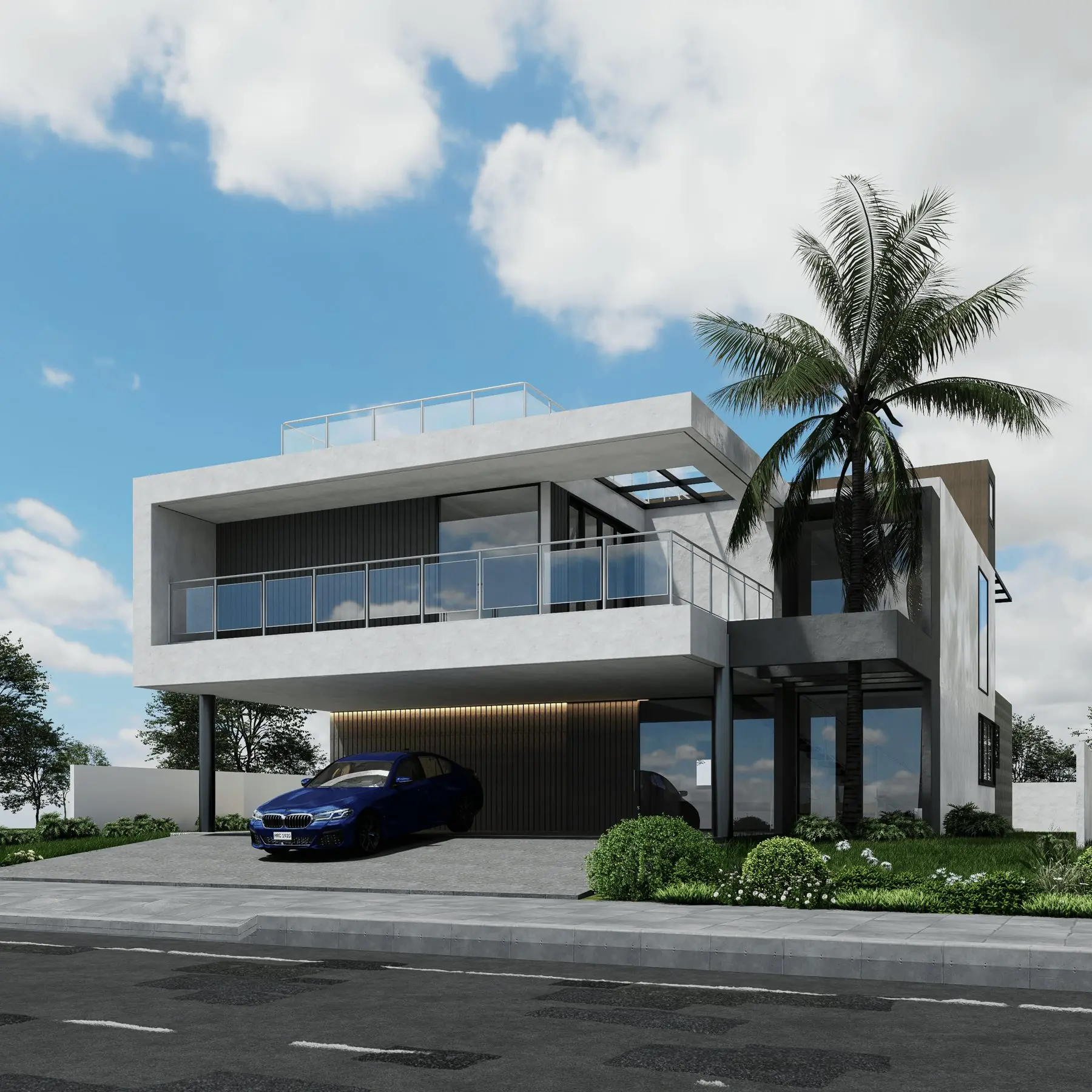 Render fotorrealístico de residência de alto padrão projetada pela MQ Projeta Engenharia